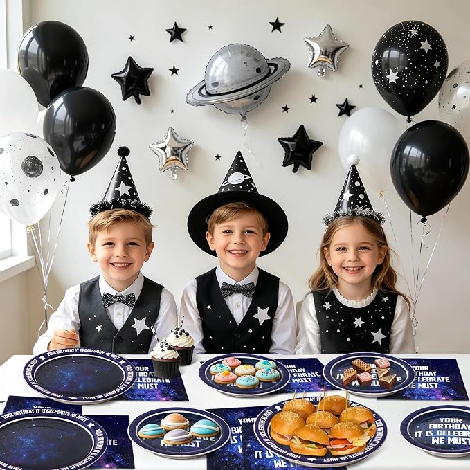 Space Theme Party Supplies 168PCS- Star Galaxy Birthday Decorations Set Includes 9” & 7” Dinnerware Paper Dessert Dinner Plates, Napkins, Cups & Cutlery, Serves 24