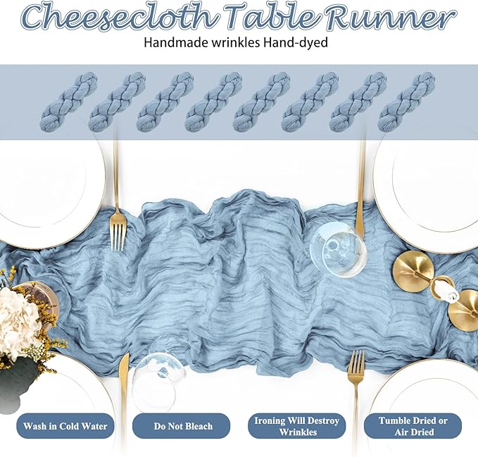 20 Pack Dusty Blue Cheesecloth Table Runner 10FT Long Boho Gauze Fabric Table Runner Vintage Rustic Sheer Runners for Wedding Party Bridal Baby Shower Table Decorations