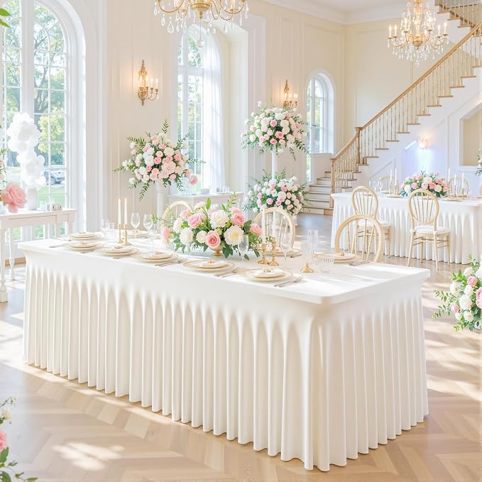 4 Pack Ivory Table Cloth for 6 Foot Rectangle Tables Spandex Fitted Tablecloth 6ft Stretch Table Covers Skirt Ivory Banquet Tablecloths Wrinkle Free Tablecloth for Party Wedding Birthday Event