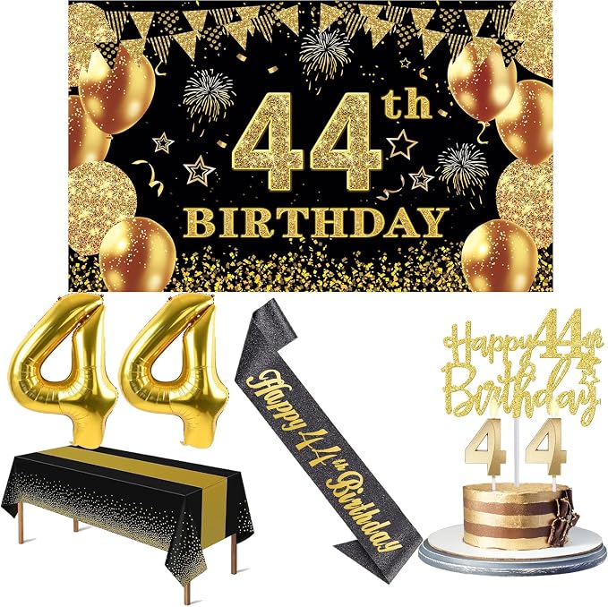 44th Birthday Decorations Men Women with 44th Birthday Banner, Black and Gold Table Cloth, Number Balloons, Large Sash, Cake Topper and Candles