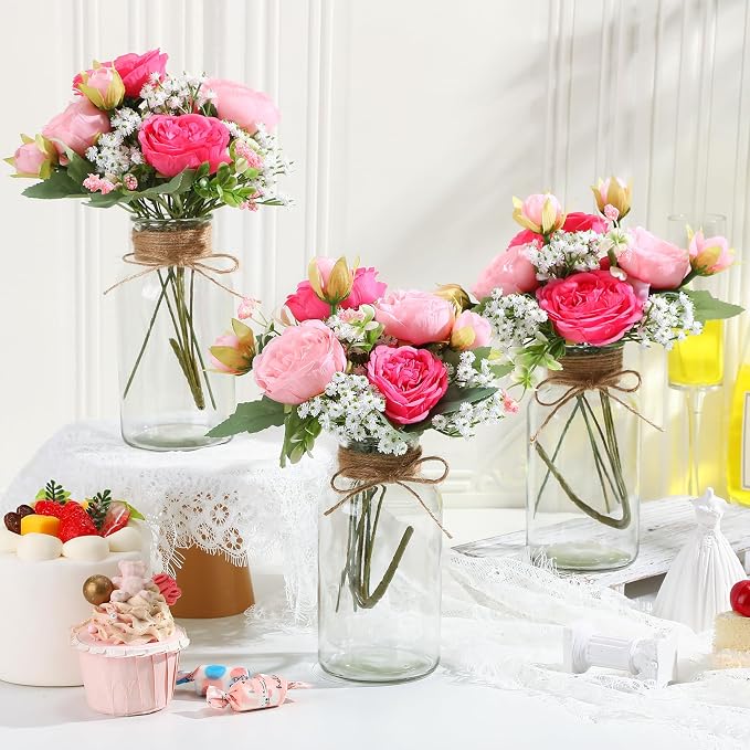 Zeyune 6 Sets Mason Jar Table Centerpiece with Artificial Peony Baby's Breath Flower Centerpieces Faux Flowers with Rope for Wedding Reception Engagement Bridal Shower Rustic Table Decor(Pink)