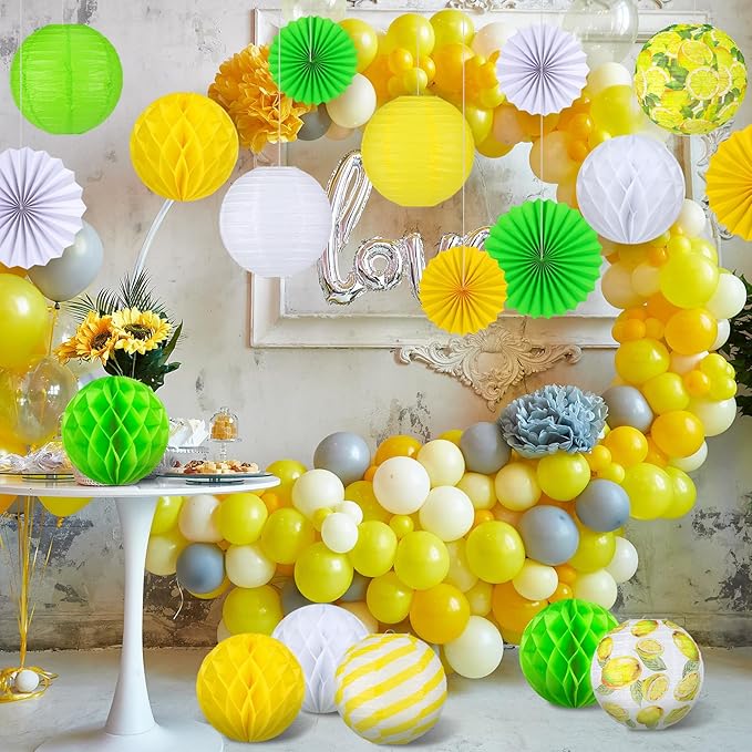 Retisee 18 Pcs Lemon Party Decorations Kit Yellow Paper Lanterns Hanging Decoration Paper Fans Hanging Honeycomb Ball for Lemon Theme Party Supplies Wedding Baby Shower Decor