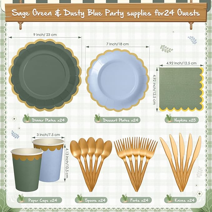 Mimorou 169 Pcs Blue and Sage Green Plates and Napkins Party Supplies for Guests Dusty Blue Tableware Include Scalloped Plates Paper Napkin Cup Spoon Fork Knife for Baby Shower, Wedding, Birthday