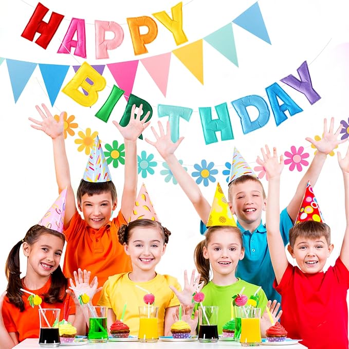 YEOCU Happy Birthday Decorations, No DIY, Pre-Strung 3D Banner | Rainbow, 3D felt banner, flower garland & flags. No DIY, reusable for kids & women.