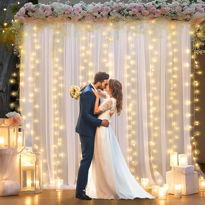 6 Panels White Sheer Tulle Backdrop Curtains with Lights String for Party Wedding Wrinkle Free Curtain Backdrops Drapes for Baby Shower Birthday Photo Back Drop Background Home Decorations 30ft x 8ft