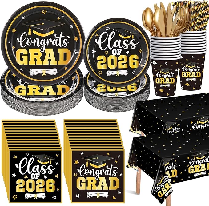 Funnymoom 452 Pcs Class of 2026 Graduation Party Decorations Supplies Include Black and Gold Graduation Paper Plates Napkins Cups Tablecloth Cutlery Straws for Congrats Grad Party