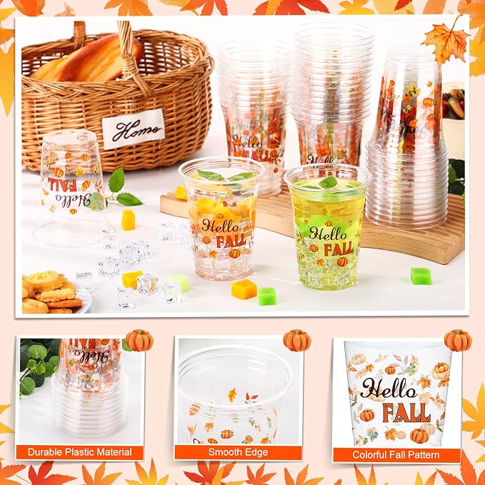100 Pcs Thanksgiving Fall Plastic Cups 16 oz Disposable Clear Fall Cups Bulk Cute Pumpkin Plastic Glasses for Thanksgiving Party Supplies, Autumn Holiday, Harvest Gatherings, Cold Drinks