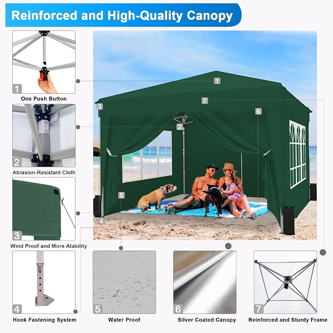 10x10 Pop Up Canopy Tent with Sidewalls x 4 – Easy Setup Canopy Tent, Waterproof, UV-Resistant, Portable with Carry Bag for Outdoor Events, Camping, and Backyard Parties – Dark Green