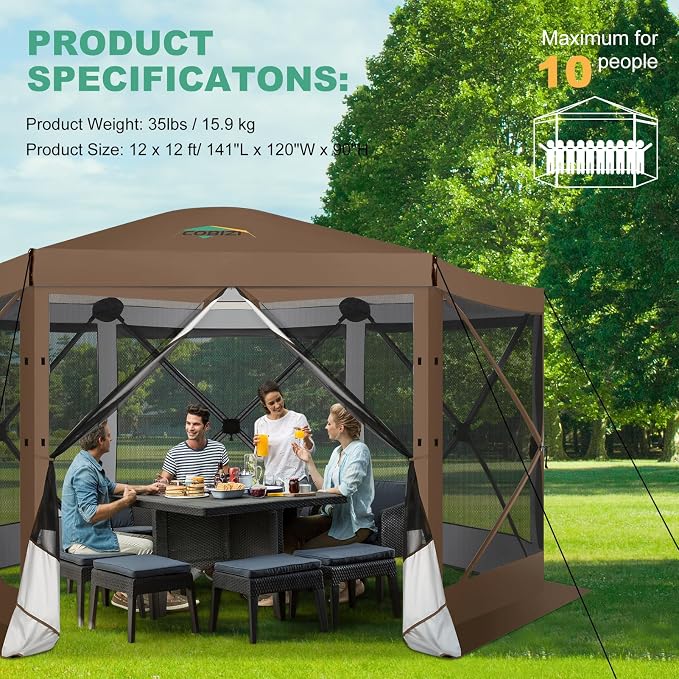 COBIZI 12x12 FT Pop Up Canopy Extendable Tent, Gazebos On Clearance With Removable Roof, Screened In Gazebo,Screen Tents Portable carpas para patio for Outdoor Camping,Backyard, Garden,Brown(Upgraded)