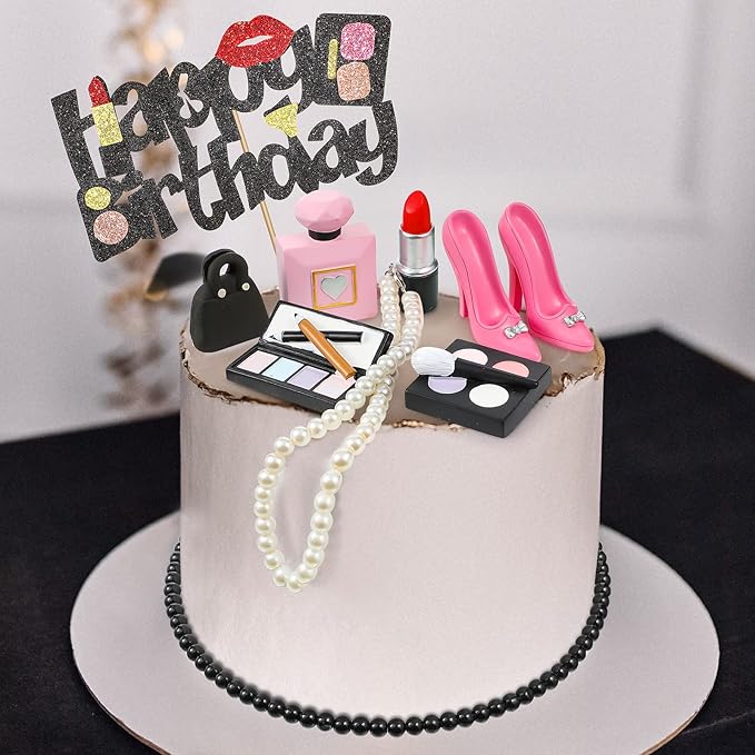 Chunful 9 Pcs Makeup Cake Topper Makeup Birthday Party Decorations 3D Resin Cosmetics Lipstick Perfume Bottle Eye Shadow Blush Make up Cake Decoration for Bridal Shower Bachelorette Women Spa Birthday