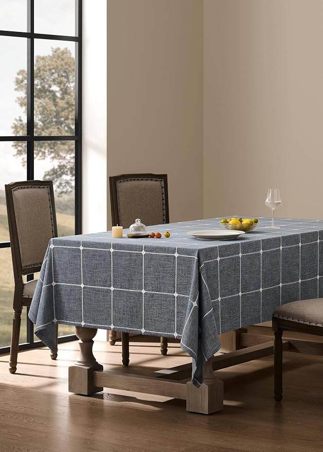 ZeeMart Grid Embroidered Hemmed Tablecloths, Blue Ashes 52x70 Inch, Farmhouse Style Heavy Weight Cotton Linen Blue Grey Tablecloths, Boho Plaid Water Resistant Rectangle Table Cloth