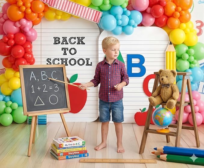 Kate Back to School Photo Backdrop ABC Balloon Arch, 8x8ft | ABC letters, balloon arch, pencil, apple, colorful school party photo background for kids portraits