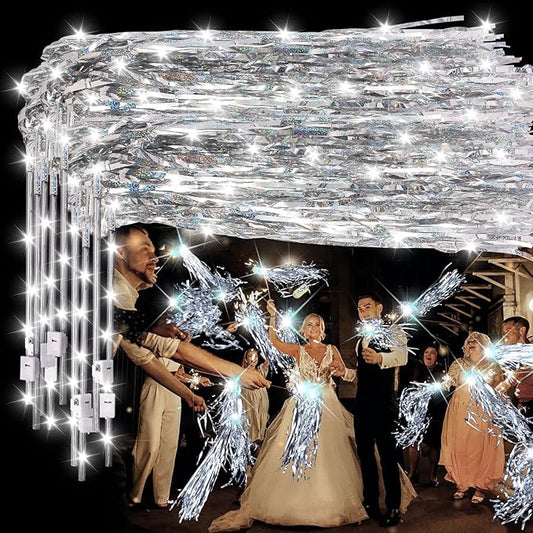100 pcs Wedding Wands Tinsel, Light up Wand Wedding with LED, Wedding Wand with Light for Wedding Send off, Ideal Props for Weddings, Birthday Parties, Christmas Cheerleading Games (Silver)