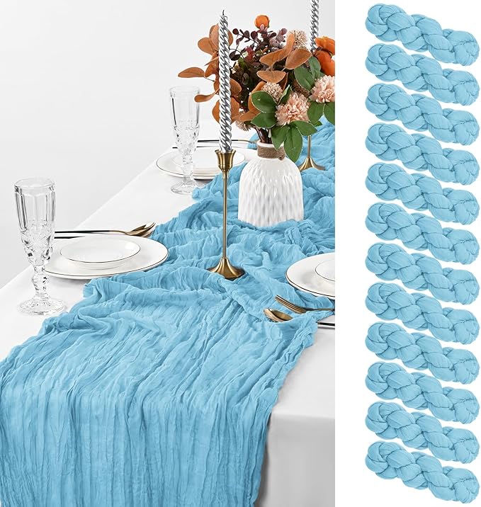12 Pack Light Blue Cheesecloth Table Runner, 10FT Long Romantic Semi Sheer Cheesecloth Rustic Boho Table Runner for Wedding Birthday Bridal Shower Party Decorations(21.5×120 Inch)