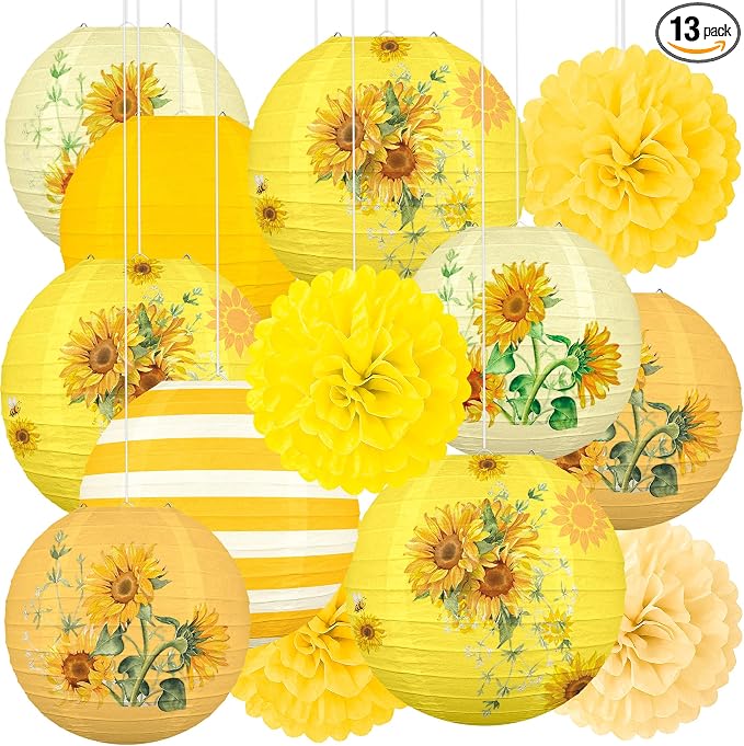 13PCS Sunflower Decor Paper Lanterns Pom Poms Summer Hanging Decor for Home Garden Indoor Outdoor