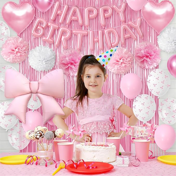 Pink Bow Birthday Decorations for Women Girls, Happy Birthday Balloon Banner with Bow and Heart Foil Balloons Fringe Curtain Tissue Paper Pompoms Garland Party Supplies