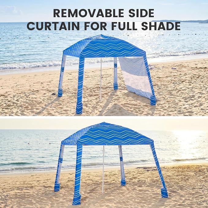 Zeraty Beach Cabana 8'×8', Portable Beach Canopy with Side Wall, UPF 50+ Silver-Coated B Each Tent Sun Shelter Easy Pop Up, Wind Resistant Adjustable Height B Each Umbrella Tent for Family, Boho Blue