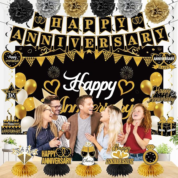 Turypaty Happy Anniversary Decorations Kit - Black Gold Wedding Party Supplies - Large Banner, Backdrop, Table Centerpieces, Hanging Swirl, Paper Pompoms Decors