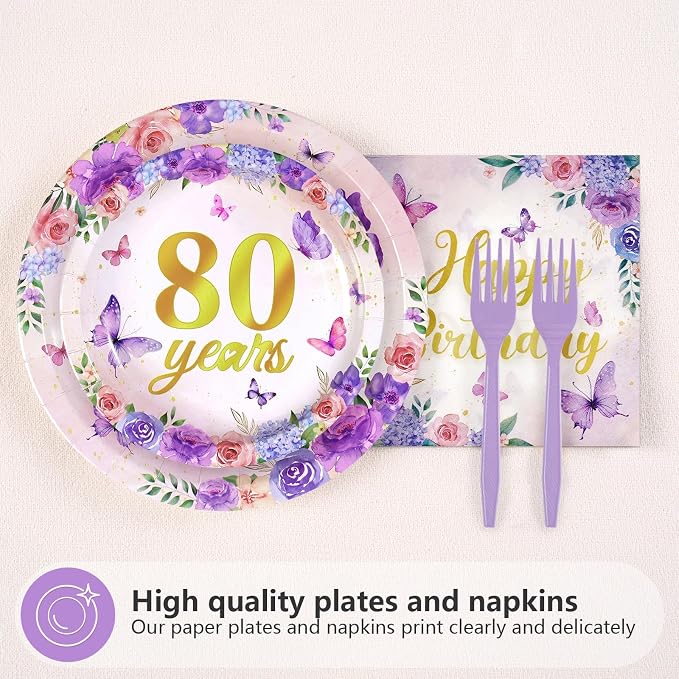 96Pcs 80th Birthday Party Decoration Purple Floral Butterfly Plates and Napkins 80 Years Loved Tableware Set for 1946 Woman 80 Year Old Mom Grandma Birthday Party Supplies Serves 24