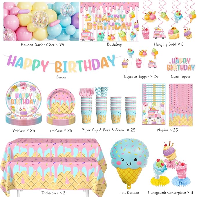 286pcs Ice Cream Birthday Party Decorations for Girl, Worry-free One-stop Set for 25 Guests, with No-DIY Banner Thick Plates and Ice Cream Balloon Arch, Easy Setup for Ice Cream Party