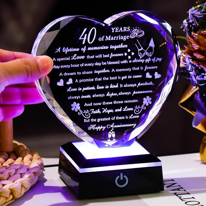 40th Wedding Anniversary Crystal Gifts for Couples Parents, Romantic Heart 40th Anniversary Keepsake Gifts for Her Him, 40 Years of Anniversary Marriage Gifts for Wife Husband