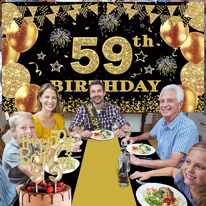 59th Birthday Decorations Men Women with 59th Birthday Banner, Black and Gold Table Cloth, Number Balloons, Large Sash, Cake Topper and Candles