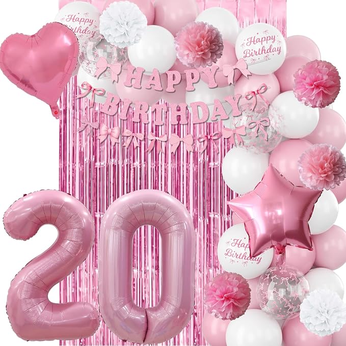 20th Birthday Decorations for Girls Pink Number 20 Balloon Bow Coquette Happy Birthday Banner Fringe Curtain Paper Pom Poms Star Heart Foil Pink White Balloons 20 Year Old Party Decor for Her