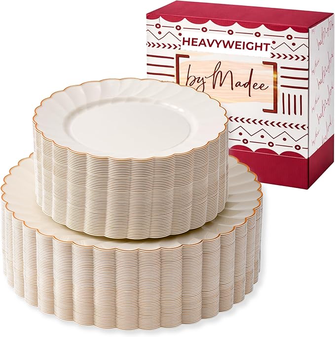 By Madee HEAVYWEIGHT 100 Pc Fancy Disposable Plates Set | Ivory Scalloped Premium Disposable Plates with Rose Gold Trim | 50 Dinner & 50 Dessert Plates (50 Guests)