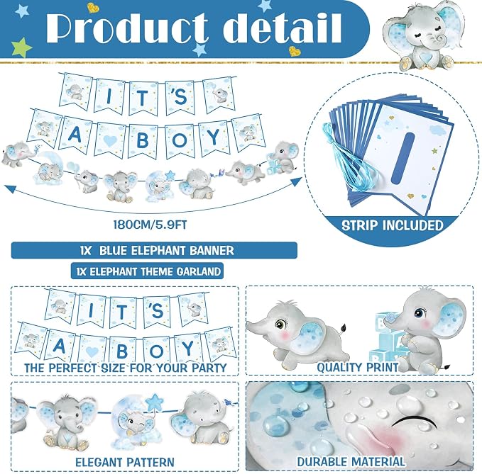 405 Pcs Blue Elephant Theme Baby Shower Decorations, It's a Boy Theme Baby Shower Tableware Set Plates Napkins Cup Cutlery, Elephant Party Supplies with Tablecloth Banner, Serves 50 Guests