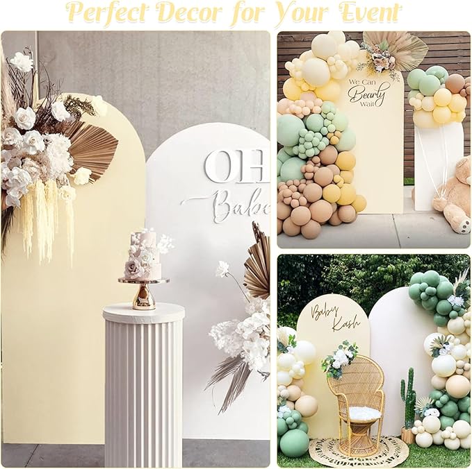 Set of 2 Spandex Fitted Arch Backdrop Cover Wedding Arch Cover Round Top Chiara Arch Backdrop Stand Covers for Birthday Party Baby Shower Wedding Arch Decor（6 FT White, 7.2 FT Beige）