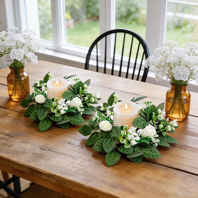 4 Pcs White Rose Candle Rings, 9 Inch Small Eucalyptus Wreath with White Roses & Baby Breath, Artificial Floral Candle Wreath Rings for Pillar Candle Wedding Table Centerpieces Home Decor