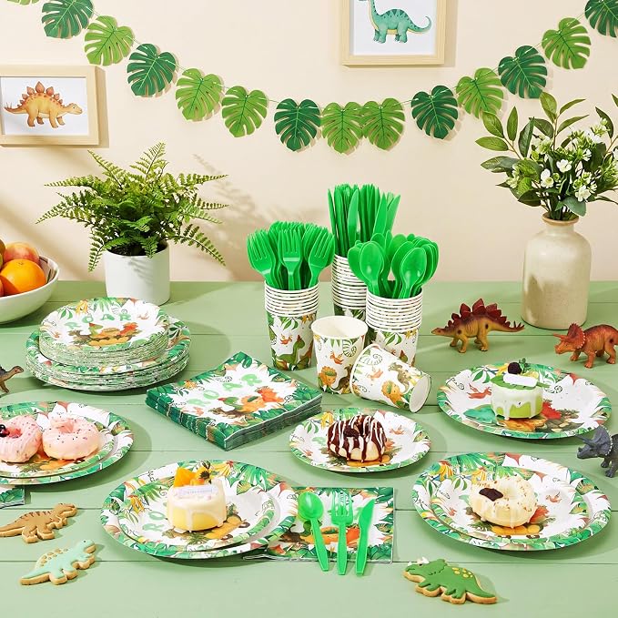 Ziliny 280 Pcs Dinosaur Tableware Set Disposable Dinosaur Paper Plates and Napkins Paper Cups Green Plastic Knives Forks Spoons for Baby Shower Wedding Birthday Party Supplies, Serve 40