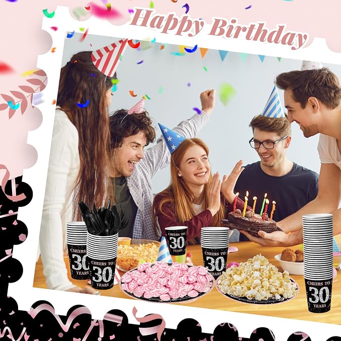 240 Pcs 30th Birthday Decorations 1996 Birthday Party Tableware Include Plates Napkins 9oz Cups Cutlery 30th Anniversary Party Supplies for Men Women Him Her, Serve 30 Guests (Black Pink)