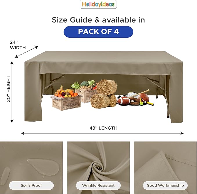HolidayIdeas 4-Pack 4ft Open Back Fitted Tablecloths for Craft Shows Taupe | 3-Sided coverage wrinkle resistant tablecloths for vendor booths,banquet events,outdoor pop-up shop