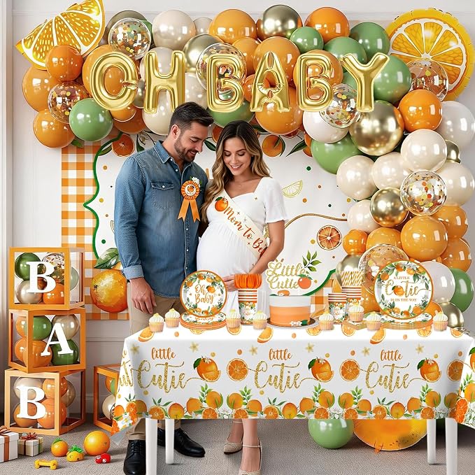 279 PCS A Little Cutie Is On The Way Decorations, All-in-One Orange Baby Shower Party Pack With Balloon, Backdrop, Plates and Napkins, for Little Cutie Baby Shower, Service 25