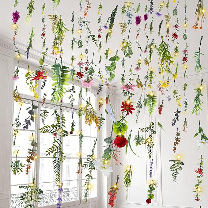 Suncalla 6 Pack 35.4ft Fake Flower Garland Backdrop with LED Lights Hanging Wildflower Floral Vine Decorations for Wedding Bridal Shower Birthday Baby Shower Party Backdrop(Fresh,Multicolor)