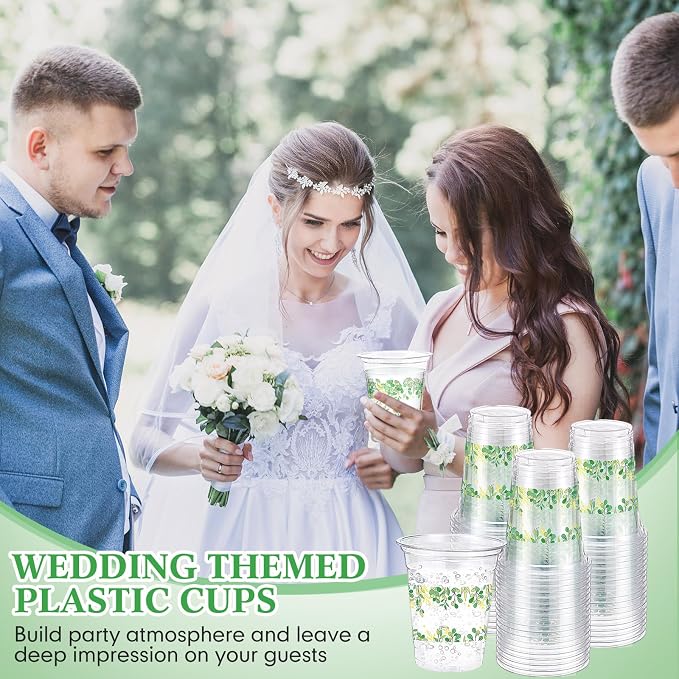Funnymoom 60 Pack Eucalyptus Baby Shower Cup 12 oz Sage Green Disposable Clear Plastic Cups for Greenery Baby Shower Wedding Birthday Gender Reveal Party Decoration Supplies