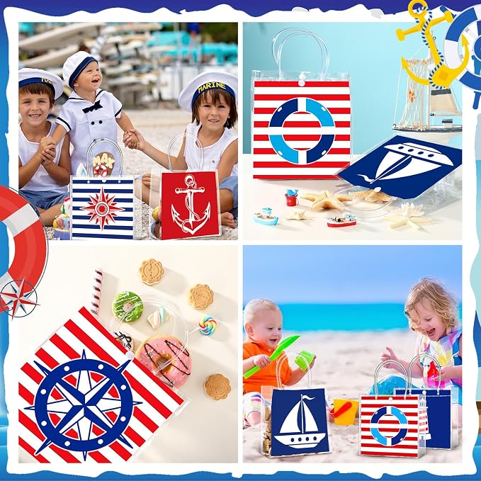 Teenyyou 24 Pcs Nautical Clear Gift Bags with Handles Cruise Party Favors PVC Goodie Treat Candy Tote Plastic Gift Bags for Sailing Theme Birthday Party Supplies