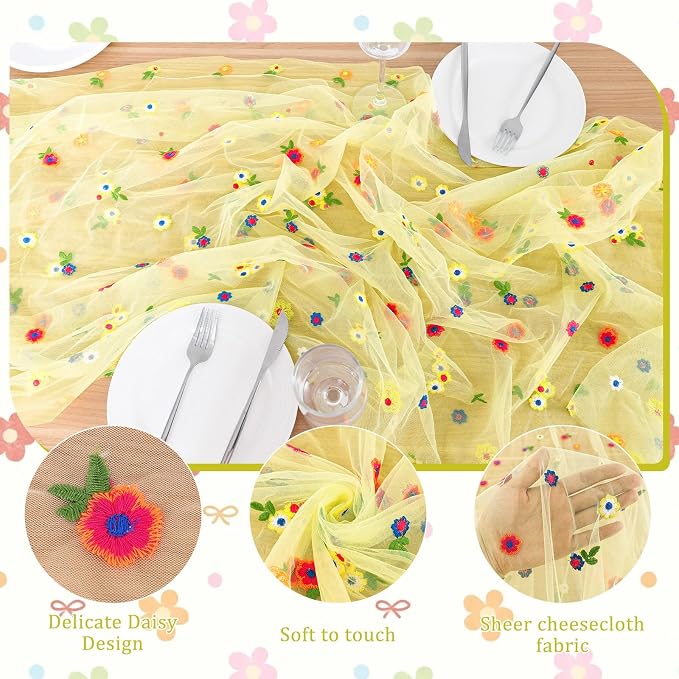 BINBE 3pcs Daisy Spring Table Runner Embroidery Gauze 10FT Florals Seasonal Tulle Holiday Birthday Kitchen Dining Table Decor for Home Party Yellow