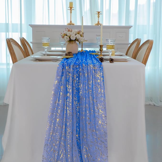 Snowkingdom Royal Blue Gold Table Runner 10 FT 120 Inch, Sparkle Sequin Glitter Metallic Foil Cheesecloth Sheer Gauze Chiffon Tulle Luxury Table Decorations for Wedding Party Birthday Graduation