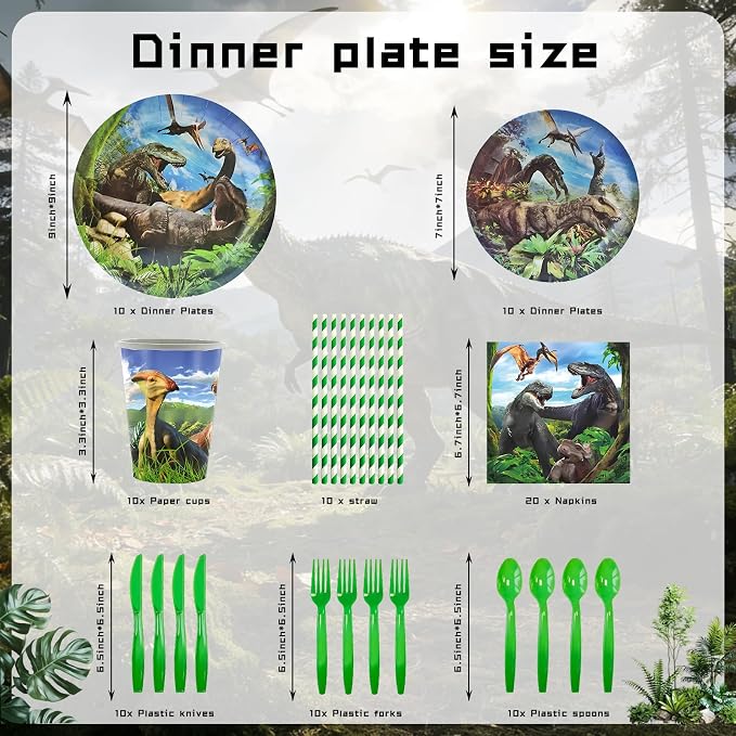 Dinosaur Birthday Party Decorations, 173 PCS Dino Party Supplies | Tableware Serves 10, Banner, Backdrop, Tablecloth, Cake Toppers, Balloons, Hanging Swirls, Stickers for Party Decor