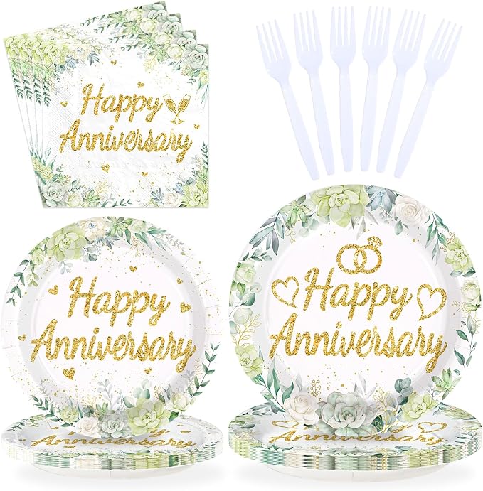 96Pcs Happy Anniversary Party Supplies Sage Green Gold Wedding Party Plates and Napkins Disposable Green Leaves Flower Tableware Set for Couples Anniversary Wedding Decorations Serves 24