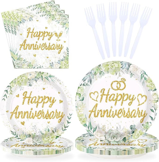 96Pcs Happy Anniversary Party Supplies Sage Green Gold Wedding Party Plates and Napkins Disposable Green Leaves Flower Tableware Set for Couples Anniversary Wedding Decorations Serves 24