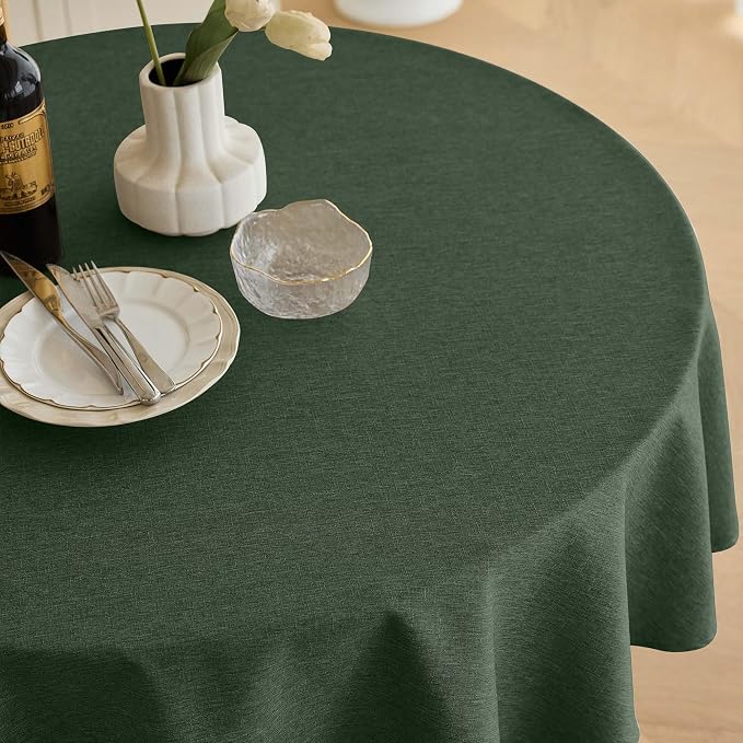 Decorelia Christmas Faux Linen Round Tablecloth, Decorative Fabric Waterproof Texture Farmhouse Table Cloth Cover for Dining Kitchen Party Indoor Outdoor Use (60 Inch, Round (2-4 Seats), Dark Green)