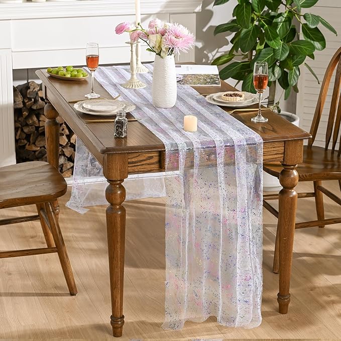 Artoid Mode 10PCS Colorful Gold Gauze Table Runner 120 Inch 10FT, Glitter Metallic Foil Sheer Dining Wedding Anniversary Holiday Birthday Table Decor for Home Party