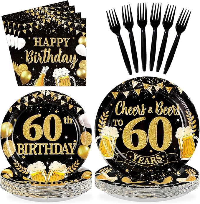 96Pcs Father's Day 60th Birthday Graduation Party Supplies Black Gold Plates and Napkins Tableware Sets Cheers and Beers to 60 Years Decorations for Best Dad Men 60 Years Old Birthday Party Serves 24