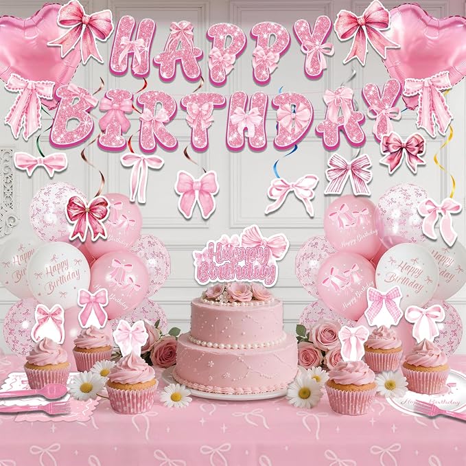 266Pcs Pink Bow Party Birthday Decorations - Party Supplies Included Foil Fringe, Banner, Tablecloth, Hanging Swirls, Cupcake Toppers, Tableware, Paper Towel, Latex and Love Heart Balloons (Pink Bow)