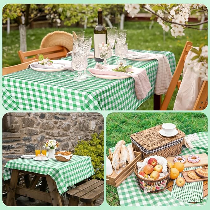 Kochorie 54 Inch x 300 Ft Light Green Checkered Plastic Table Cloth Roll Disposable Waterproof Table Cover Plastic Table Cover Roll with Easy Slide Cutter for Outdoor Picnic/Home Dining/Spring Party