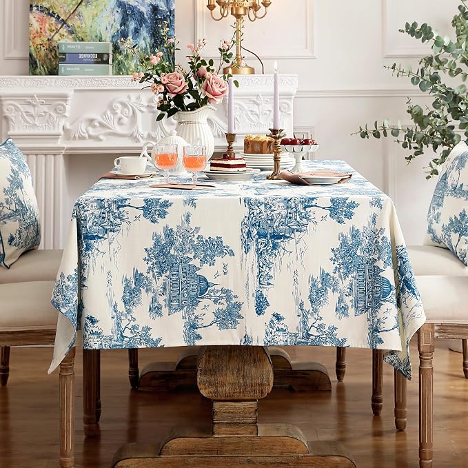 patdrea Elegant French Linen Tablecloth,Rectangular,87"x63"-Lucerne A | Vintage Elegant Table Cloth for Rectangle Table,Blue and White Chinoiserie Print,for Dining Room Tea Party Thanksgiving