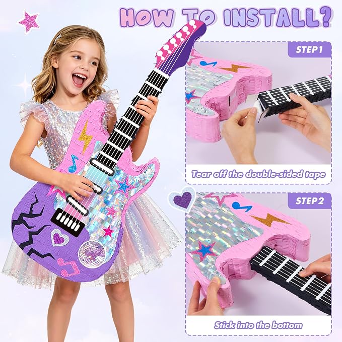WERNNSAI 28" Guitar Piñata for Kpop Birthday Decorations, Party Game | Kpop Party Favors, Girl Birthday Decorations, Music Party Favors, Piñata with Stick and Blindfold